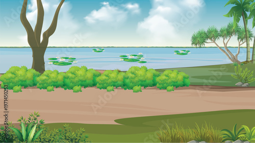 Lakeside Natural Landscape Illustration with Lily Pads and Trees