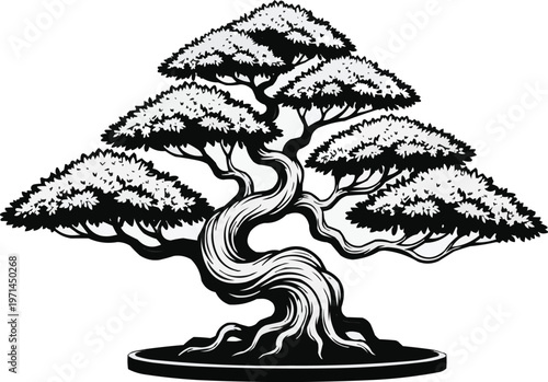 Hand drawn black vintage style bonsai tree illustration with ornamental dragon fish bird and floral pattern design.