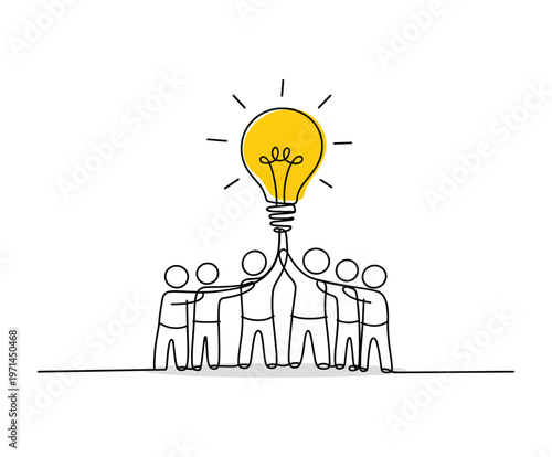 Group of stick figures holding up a glowing yellow light bulb idea teamwork.