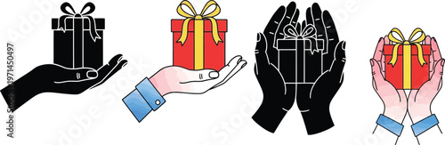 Gift box illustration featuring human hands holding presents in colorful and flat silhouette vector design styles for holiday marketing