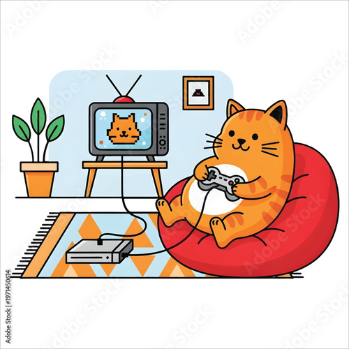 A playful cartoon cat engrossed in a video game session, sitting comfortably on a beanbag chair in a cozy living room setting vector design