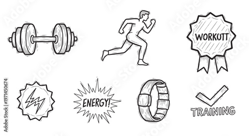 Fitness and workout hand drawn icons set with dumbbell runner and energy symbols. Vintage style exercise vector collection.