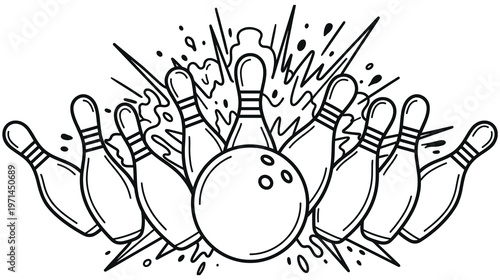 Bowling pins and ball action strike illustration black and white.