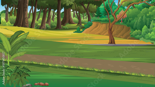 Cartoon Forest Landscape with Dirt Path