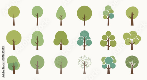 Collection of flat stylized trees in various green shades and brown trunks nature