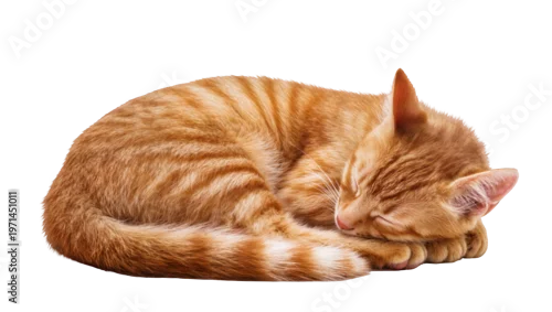 Fototapeta na wymiar Orange tabby cat curled up sleeping peacefully, isolated on transparent background