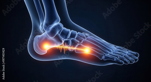 3D rendering of a human foot showing skeletal structure and highlighted areas of pain or inflammation, possibly indicating plantar fasciitis.