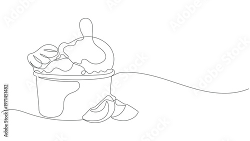 Single line art ice cream cup with fruit garnish, minimalist summer dessert scene. Editable stroke.