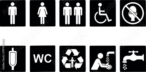 Collection of various bathroom and toilet signs