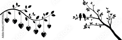 Black silhouettes of tree branches with hearts and birds