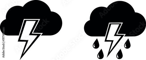 Black cloud with lightning bolt and rain icons