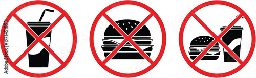 Prohibition signs vector illustration featuring no food and no drinks icons for public places and commercial interior design signage