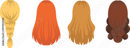 Women hairstyles back view set, long hair styles vector illustration isolated fashion beauty collection