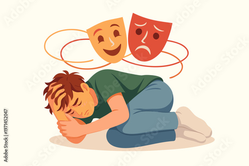 Tableau sur toile Person with emotional masks of happiness and sadness overhead, mental health vec
