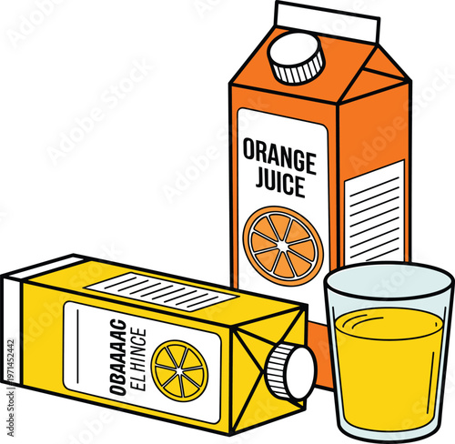 Fresh orange juice packaging with carton box and glass in flat vector style isolated on white background for healthy drink and citrus beverage concept