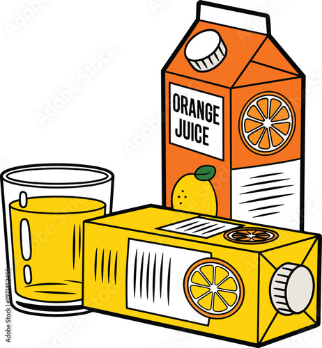 Orange juice carton box and glass set in flat vector style isolated on white background for fresh beverage and breakfast drink packaging design