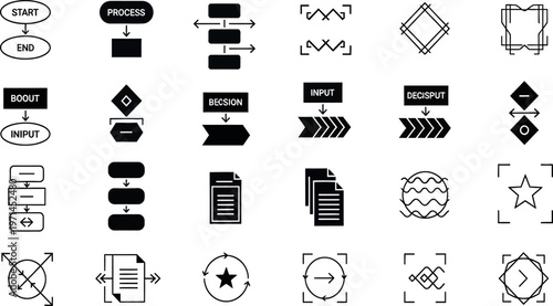 Collection of black electronic component symbols and circuit diagram icons for technical documentation