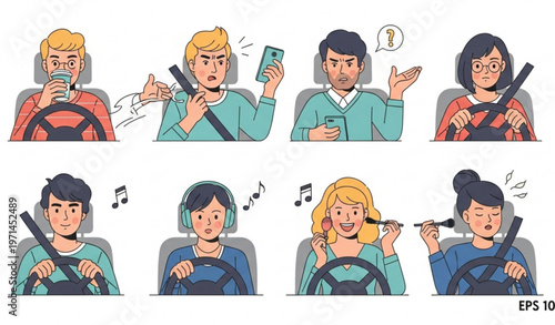 Distracted Driving Cartoon Characters Set Inside Car Talking Phone Singing Makeup Vector