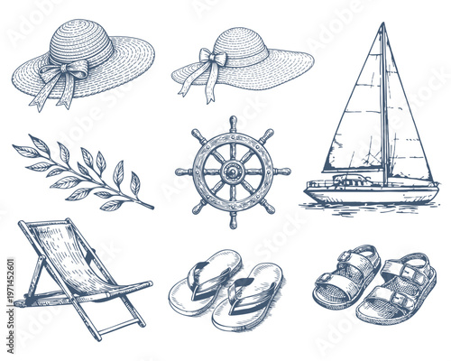 Summer beach vintage engraving set with sailboat hats sandals deck chair and tropical elements line art illustration