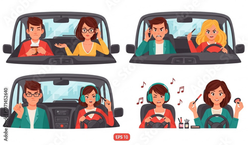 Cartoon People Inside Car Set with Driving Activities Talking Phone Singing Makeup Vector