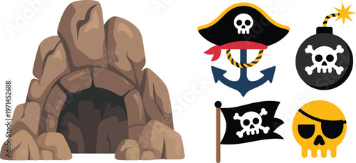 Pirate adventure set with cave entrance skull icons anchor and flag in flat vector style isolated on white background for treasure and fantasy design