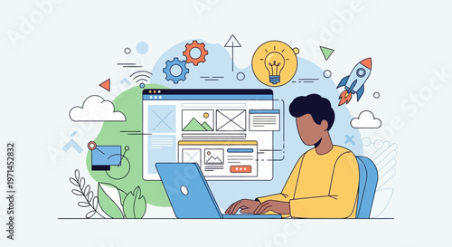 Web designer creating website layout on laptop, startup idea, innovation, business growth