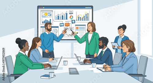 Diverse team in modern meeting room presenting business analytics charts on screen