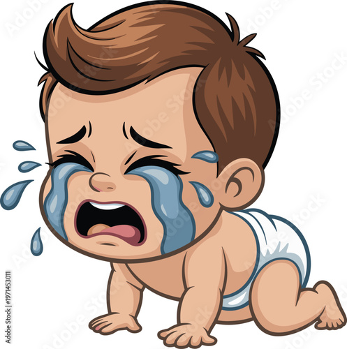 Crying baby crawling with tears and diaper in flat vector style isolated on white background for childcare emotion and parenting concept design