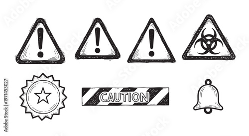 Warning and caution safety signs set including exclamation marks biohazard symbol and alert bell sketch icons.