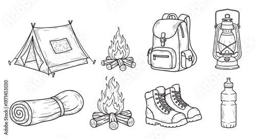 Camping and outdoor adventure gear set with tent backpack boots lantern and campfire hand drawn sketch illustrations.