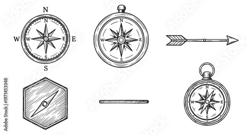 Navigation compass and arrow set featuring vintage nautical orientation symbols in hand drawn black and white style.