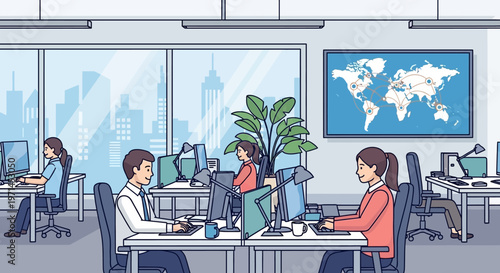 Modern office interior with employees working on computers and world map on wall