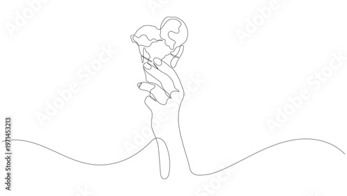Continuous line drawing of a hand holding a double scoop ice cream cone. Minimalist summer lifestyle vector. Editable stroke