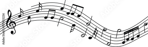 Wavy musical staff with flowing black notes and treble clef icon isolated on white background for creative sound design, harmony concept, and elegant song composition.