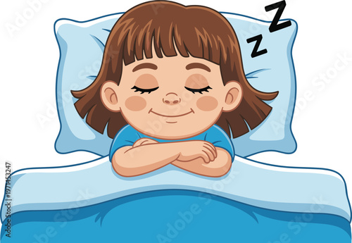 Cute sleeping child in bed with pillow and blanket in flat vector style isolated on white background for bedtime and kids sleep concept