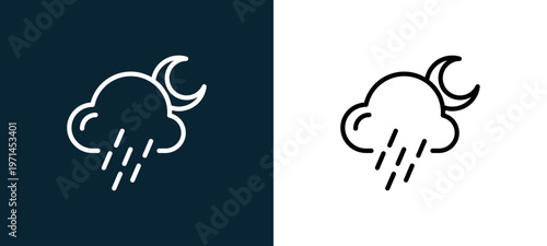 Two-color rain outline icon pair in black and white, editable stroke vector illustration for web, mobile apps, UI design, branding, and print from weather