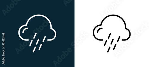 Two-color rain outline icon pair in black and white, editable stroke vector illustration for web, mobile apps, UI design, branding, and print from weather