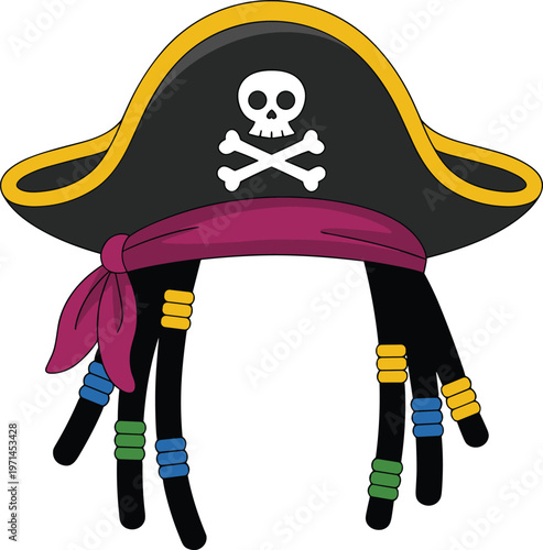 Pirate hat with skull emblem and colorful beaded braids in flat vector style isolated on white background for costume and adventure design