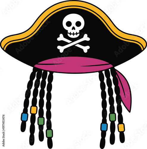 Classic pirate hat with skull emblem and colorful braided beads in flat vector style isolated on white background for costume and adventure design