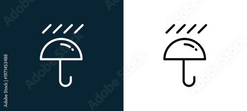 Two-color umbrella outline icon pair in black and white, editable stroke vector illustration for web, mobile apps, UI design, branding, and print from weather