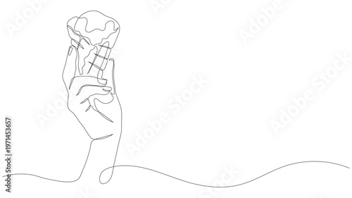 Continuous line drawing of a hand holding an ice cream scoop in waffle cone. Editable stroke.