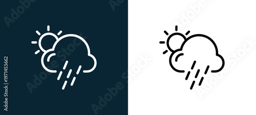 Two-color rain outline icon pair in black and white, editable stroke vector illustration for web, mobile apps, UI design, branding, and print from weather