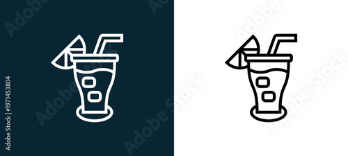 Two-color juice outline icon pair in black and white, editable stroke vector illustration for web, mobile apps, UI design, branding, and print from beverage