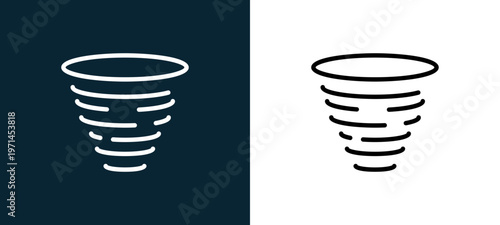 Two-color tornado outline icon pair in black and white, editable stroke vector illustration for web, mobile apps, UI design, branding, and print from weather