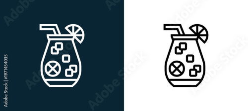 Two-color juice outline icon pair in black and white, editable stroke vector illustration for web, mobile apps, UI design, branding, and print from beverage