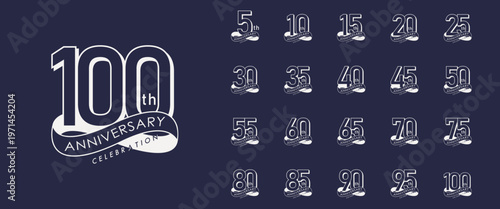 Set of anniversary celebration emblem. white anniversary logo isolated with infinity circle ribbon on dark blue background. vector illustration template design for web, flyers, poster, greeting card