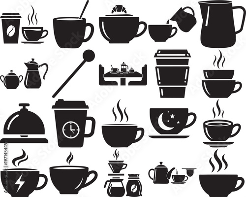 Collection of black silhouette icons depicting various coffee and tea items