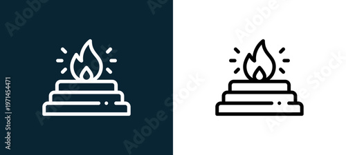Two-color fire outline icon pair in black and white, editable stroke vector illustration for web, mobile apps, UI design, branding, and print from diwali
