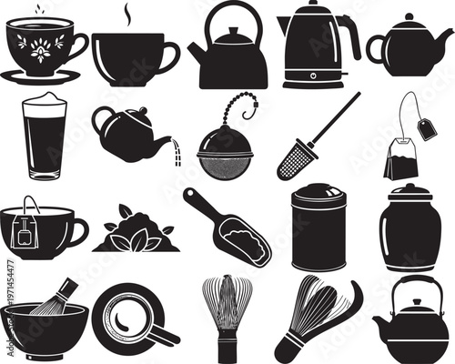 Collection of black silhouette icons representing various tea and coffee items
