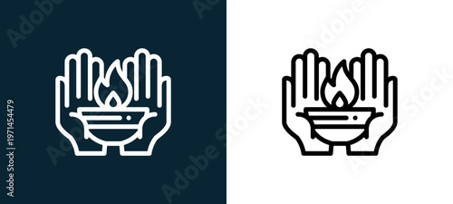 Two-color hands outline icon pair in black and white, editable stroke vector illustration for web, mobile apps, UI design, branding, and print from diwali